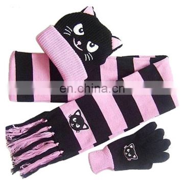 Printed kids beanie hat with lovely cat logo scarf and gloves set