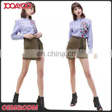 2017 Latest Design A Shape Army Green Women Skirts Lace Up Flap Fashion High Waist Lady Skirt
