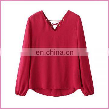 red chiffon back opening with string long sleeves blouse