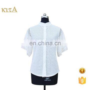 women elegant button down lace cuff embroidery blouse