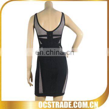 2014 newest sleeveless black net bandage dress sexy vinyl dress