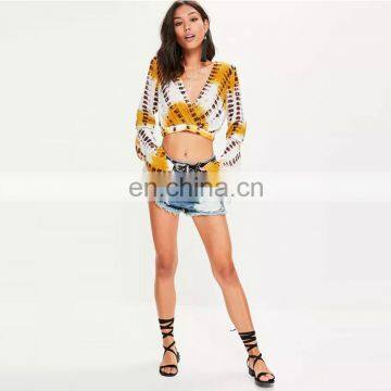 summer yellow tie dye lady long sleeve wrap front sexy crop top