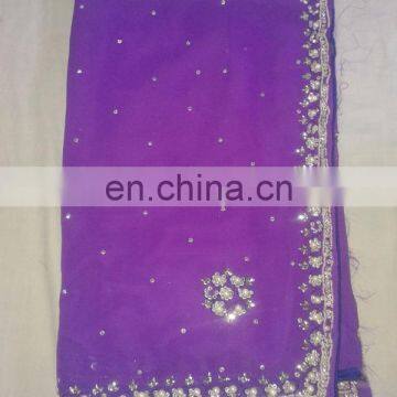 Ethnic Handmade Stone Work Georgette Purple Saree Sari