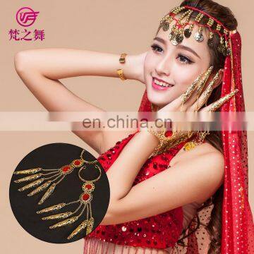 Tribal Indian Style Stage Gold Long Belly Dance Finger Ring Bracelet Jewelry P-9042# photo-2