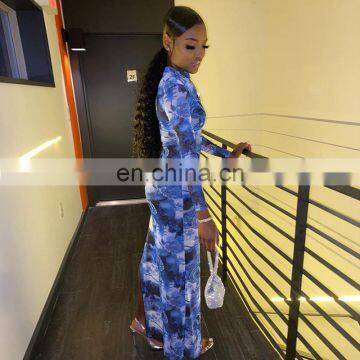 LAITE D2178 Hot Sales Women See-through Printed Casual Dresses Ladies Fashion Split Dresses photo-4