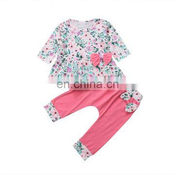 2019 New Arrival Infant Girl Clothes Outfits Girls Floral Bow Dress & Pink Pants 2PCS Kids Clothing Set