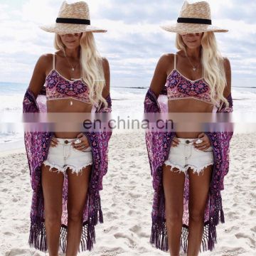 Women Beach Tunic Chiffon Beach Cover Up Long Tassel Beach Cardigan Feminino Swimsuit Bathing Suit Cover-Ups Pareo