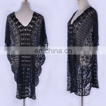 2019 Sexy See Through V-Neck Bats Sleeve V Back Loose Summer Beach Dress Lace Tunic Women Beachwear Plus Size Sarong Plage photo-2