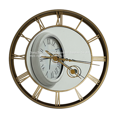 25 Inch Industrial Style Golden Wrought Iron frame Glass Decor Clock