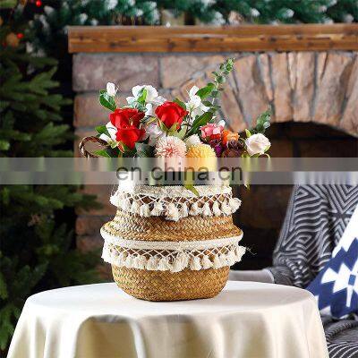 Natural Seagrass Storage Basket - Seagrass Belly Basket With White Tassel Foldable Woven PomPom Basket With Handle photo-4