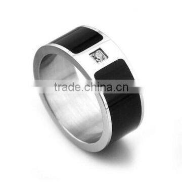 Titanium Steel Trend Smooth Black Silver With Crystal Ring, Titanium Ring With Crystal