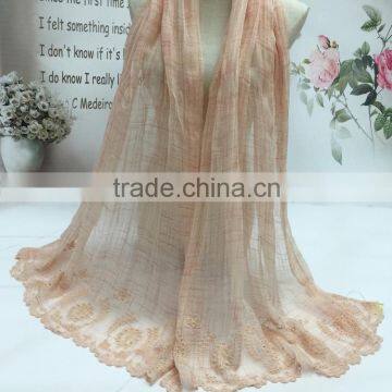 Leisure Japanese Literary Art Style Vintage Plain Flower Embroidery Wholesale Cotton Linen Scarves Quality Choice