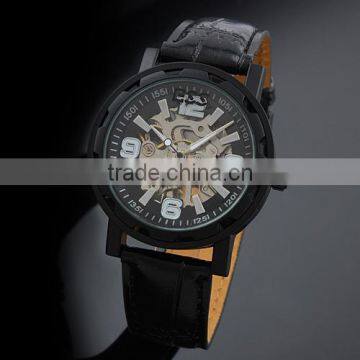 Brand Men's Black Luxury Skeleton Leather Mechanical Watch WM221-ESS