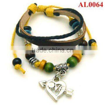 Unique macrame bracelet with yellow wax cord, alloy leather bracelet with an arrow wearring heart pendant AL0064