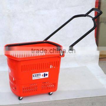 Plastic shopping basket with wheels,Supermarket plastic laundry basket,rolling shopping basket with castor