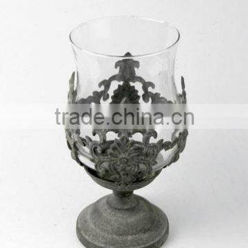 engraved metal candle holder w/hurricane glass