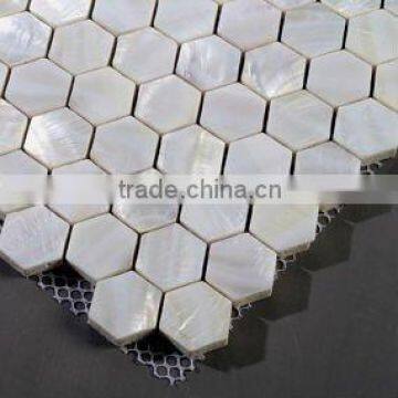 Glass fiber base hexagon pure white river shell mosaic tiles with slugged bottom