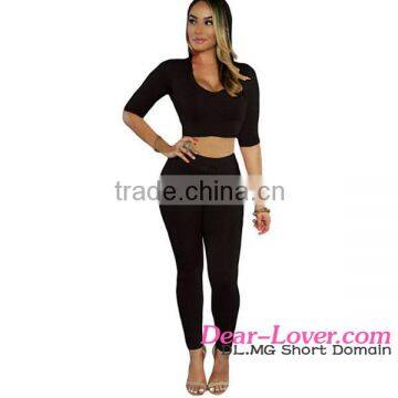 2016 Black Hooded customized with Pant Set plain black crop top