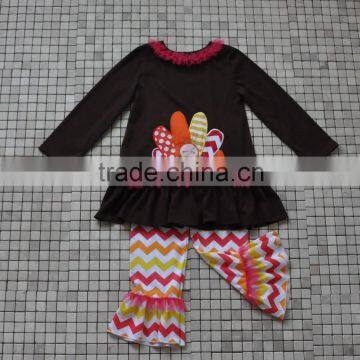 Newborn Handmade Turkey Embroidery Long Sleeve Top and Pant Thanksgiving Outfits