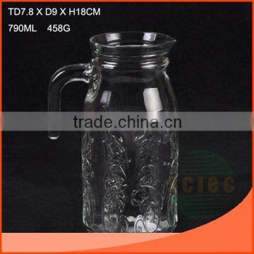 790ml embossed clear glass water cup with handle on hot sale