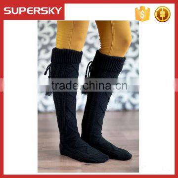 C05-1 Black thick cable knit knee boot socks with fold over cuff Women Knitted Thigh High Leg Warmers Knitting Boot Socks