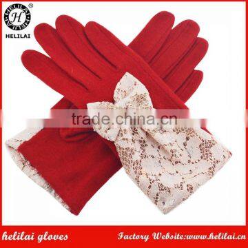 Wholesale Price Ladies Red Wool Gloves Lace Bow Woolen Gloves Fashion Lace Trimmed Wool Dress Gloves