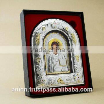 Greek & Russian Orthodox Big Wooden Icon. Christ Pantocrator. Silver Edging photo-3