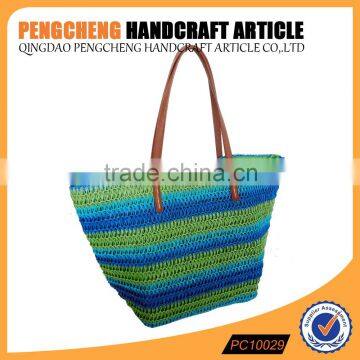 Trapezoidal beach bag paper straw women stripe crochet handbag