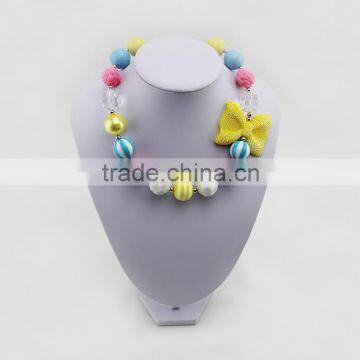 blue and yellow children pearl necklace big rhinestone bow Easter pearl fashion necklace