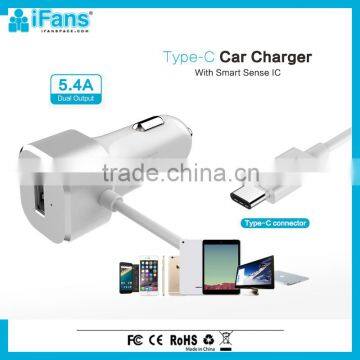 USB Car Adapter With Type C Cable 3.0 Dual Output 5.4A Aluminium Rohs