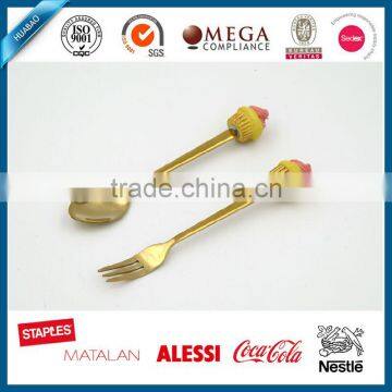 Mirror finish Dessert Spoon Stainless Steel Flatware with Cute polyresin Handle, gold palted cutlery with cake poly head