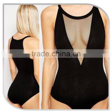 Sexy Lady Viscose Fabric See-through Mesh Deep V Slim bodysuit women sexy