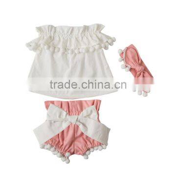 New Arrival Baby Girl Open Shoulder Top Shorts Outfits,pompom Top Set photo-3