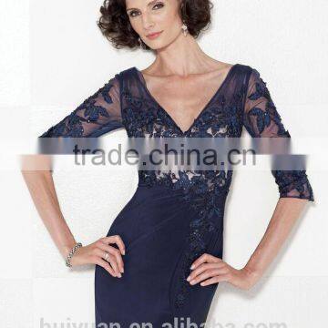 Royal Blue Long Sleeve Deep v Neck Chiffon Lace Mother Bridal Dresses Websites photo-2