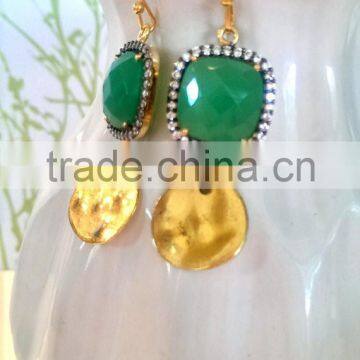 Natural Chrysoprase Chalcedony Earrings with Black Pave Bezel and Textured Gold Plated Disc, Chalcedony Dangle Earrings