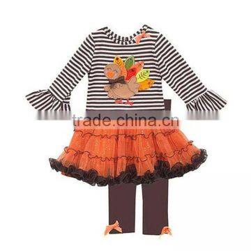 2016 yawoo baby girls stripe orange tutu with turkey embroidery dress 2 pcs kids thanksgiving clothing