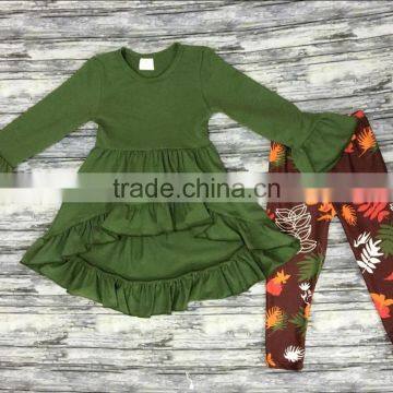 2017 Green skirt top leafs pants girls boutique outfits baby cotton frocks designs