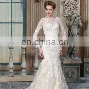 New See Through Champagne Color Long Sleeve Lace Mermaid Wedding Dresses