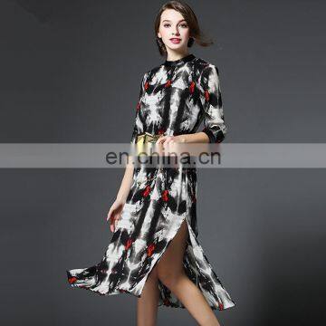 High quality casual occasion dress with high slit open hem fashion leather neck dress