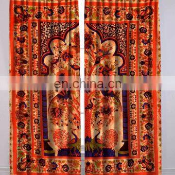 Indian Beautiful Peacock Tree of life Curtains cotton Boho drapes Window Decor Orange Curtain Set