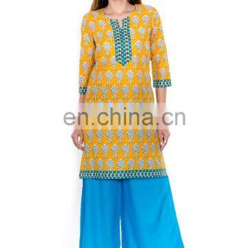 Premium quality fabric Yellow color Leaf print casual kurti for woman