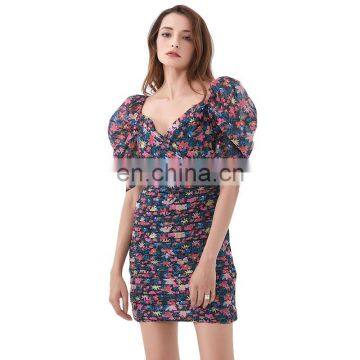 TWOTWINSTYLE Dress For Women V Neck Puff Sleeve High Waist Hit Color Elegant Printed photo-2