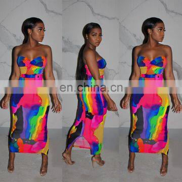 2020 Women Floral Print Long Casual Dresses Ladies Sleeveless Off Shoulder Printed Dresses Women Summer Casual Dresses photo-3