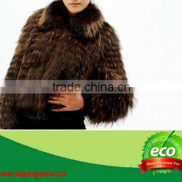 New Style Warm Red Genuine Elegent Women Real Raccoon Dog Fur Vest On Sale