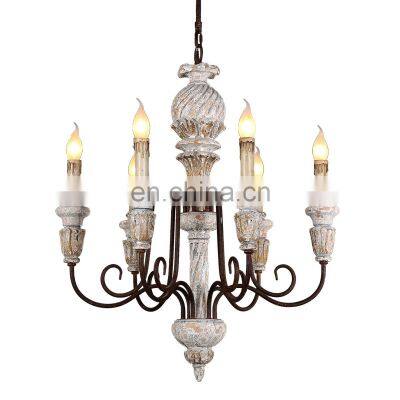 Retro French Chandelier White Distressed Wood Rust Metal Arms Candle Style Chandeliers 6 Lights for Living Dining Room