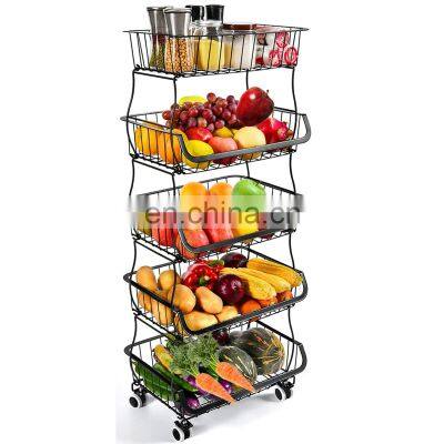 5 Layer Stackable Vegetable Onions Potatoes Storage Rolling Cart 5 Tier Fruit Basket Bins Rack for Kitchen