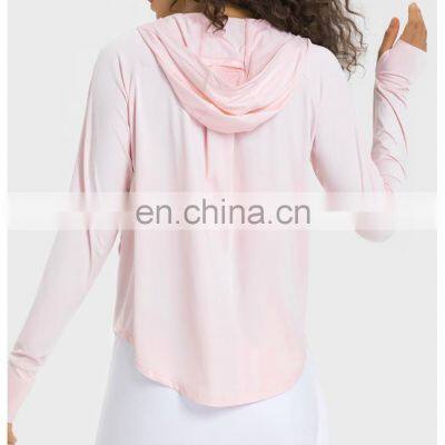 Custom Logo Outdoor Training Sportswear Hoodie Jacket Thumb Hole Sun Protection Clothing Yoga Gym Jacket For Women Workout Wear photo-4