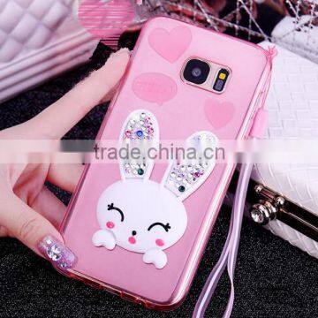Lovely Rabbit Silicone Soft Stand Case with Hanging Rope Diamond for Samsung Galaxy S7 Edge