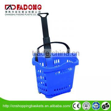 supermarket Plastic Rolling Shopping Basket with Two Wheels