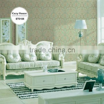 2016 new deep embossed pvc coated wallpaper, chartreuse green classic damask wall paper for house decoration , eye catching wall